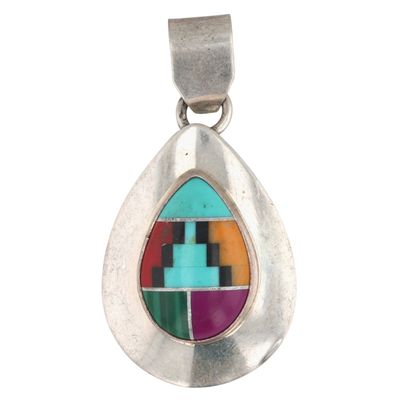 Signed Navajo Sterling Multi-Stone Inlay Pendant