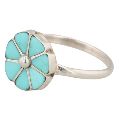 Southwest Sterling Turquoise Inlay Flower Ring Sz 7