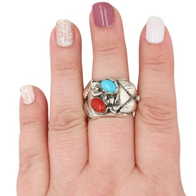 Navajo Sterling Coral Turquoise Ring Sz 10