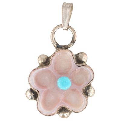 Tamara Pinto Zuni Sterling Mother of Pearl Turquoise Flower Pendant