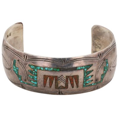 Signed Navajo Sterling Turquoise Coral Chip Inlay Cuff Bracelet