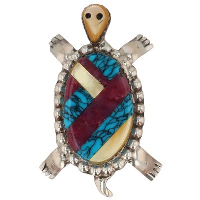 Signed Navajo Sterling Multi-Stone Inlay Turtle Pendant/Brooch