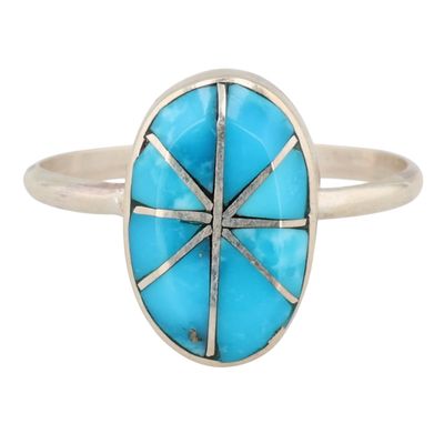 Eldred & Charlotte Seoutewa Zuni Sterling Turquoise Inlay Ring Sz 7
