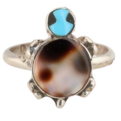Zuni Sterling Multi-Stone Inlay Turtle Ring Sz 8