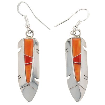 Mary Yazzie Navajo Sterling Coral Spiny Oyster Feather Earrings