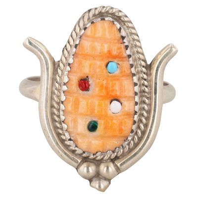 Kane Etsate Zuni Sterling Multi-Stone Corn Ring Sz 7.75