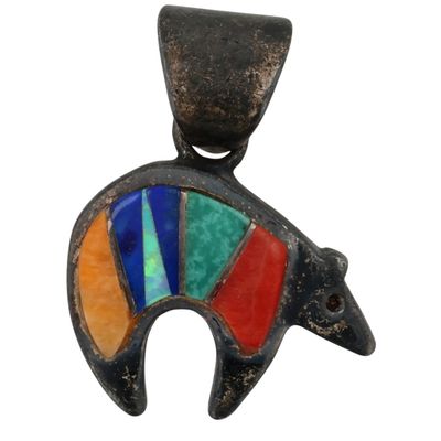 Signed Navajo Sterling Multi-Stone Inlay Bear Pendant