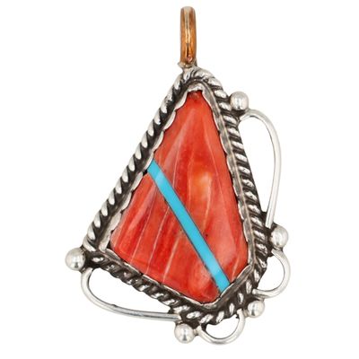 Navajo Sterling Spiny Oyster Turquoise Inlay Pendant