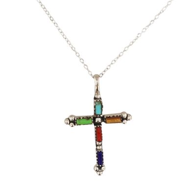 Signed Southwest Sterling Multi-Stone Cross Necklace