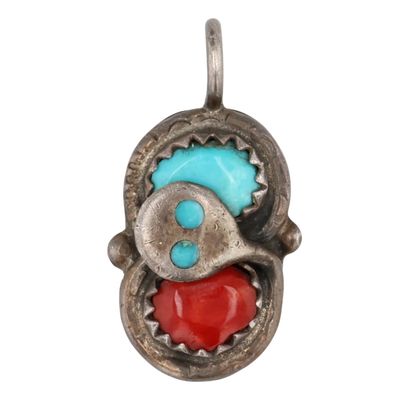 Effie Calavaza Zuni Sterling Coral Turquoise Snake Pendant