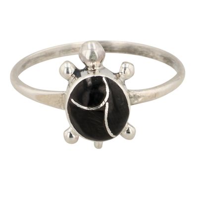 Zuni Sterling Onyx Inlay Turtle Ring Sz 7.75