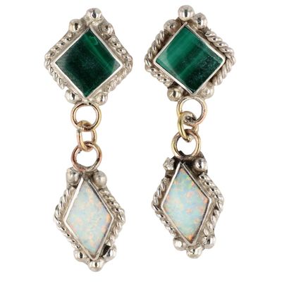 Raquel Booqua Zuni Sterling Opal Malachite Earrings