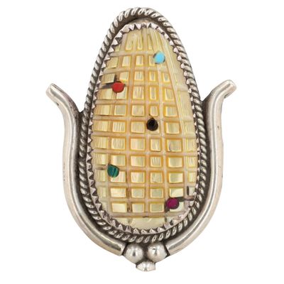Tracey Etsate Bowekaty Zuni Sterling Mother of Pearl Corn Ring Sz 8.5
