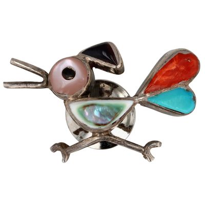 Vintage Zuni Sterling Multi-Stone Inlay Roadrunner Pin