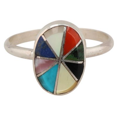 Eldred & Charlotte Seoutewa Zuni Sterling Multi-Stone Inlay Ring Sz 7.5