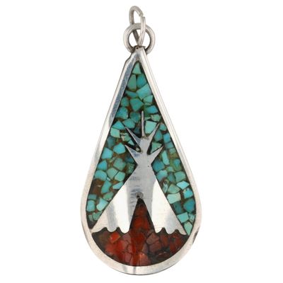 Navajo Sterling Turquoise Coral Chip Inlay Pendant