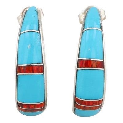 James Kee Zuni Sterling Turquoise Opal Inlay Hoop Earrings
