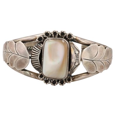 Signed Navajo Sterling Mother of Pearl Cuff Bracelet