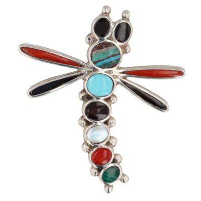 Signed Zuni Sterling Multi-Stone Inlay Dragonfly Pendant/Brooch