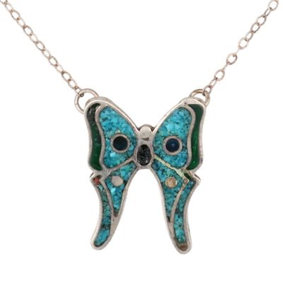 Southwest Sterling Multi-Stone Chip Inlay Butterfly Necklace