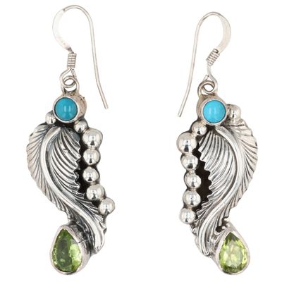 Mike Smith Navajo Sterling Peridot Turquoise Feather Earrings