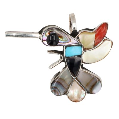 Deanna Edaakie Zuni Sterling Multi-Stone Inlay Hummingbird Pendant