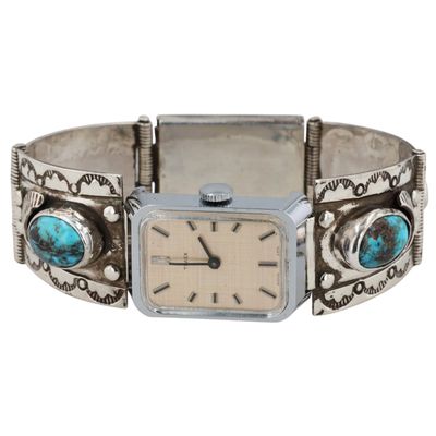 Navajo Sterling Turquoise Stamped Panel Watch Bracelet