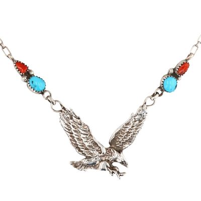 Signed Navajo Sterling Coral Turquoise Eagle Necklace