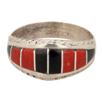 Mary Poncho Zuni Sterling Coral Onyx Inlay Ring Sz 8.5