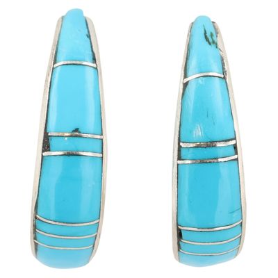 James Kee Zuni Sterling Turquoise Inlay Hoop Earrings