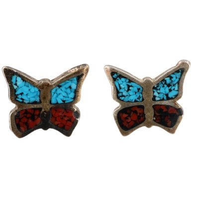 Southwest Sterling Crushed Turquoise Coral Butterfly Earrings