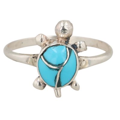 Chris Esalio Zuni Sterling Turquoise Inlay Turtle Ring Sz 5.25