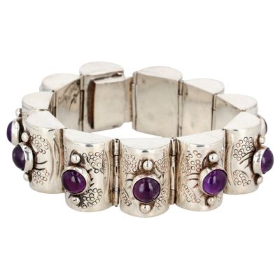 Mexico Sterling Amethyst Hollow Form Link Bracelet