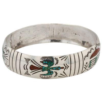 Signed Navajo Sterling Crushed Turquoise Coral Inlay Bangle Bracelet