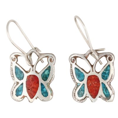 Southwest Sterling Crushed Turquoise Coral Inlay Butterfly Earrings
