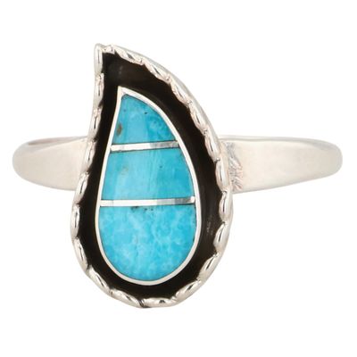 Faye Lowsayatee Zuni Sterling Turquoise Inlay Teardrop Ring Sz 7