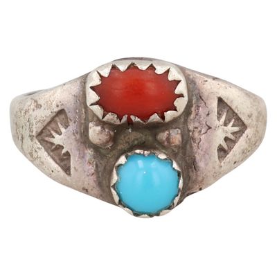 Navajo Sterling Coral Turquoise Ring Sz 4.25