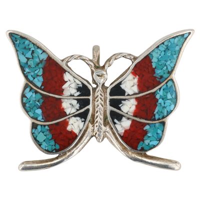 Southwest Sterling Multi-Stone Chip Inlay Butterfly Pendant