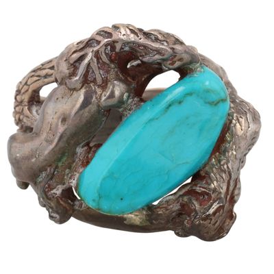 Navajo Sterling Turquoise Horse and Bobcat Ring Sz 9.25