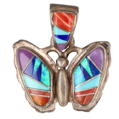 Signed Navajo Sterling Multi-Stone Inlay Butterfly Pendant