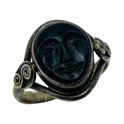 Sale Photo Thumbnail #55: Sterling Onyx Face Detail Ring Sz 10.5
