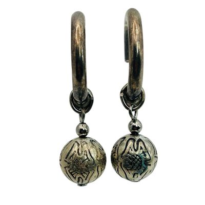 Sale Photo Thumbnail #83: Sterling Dangle Half Hoop Ball Stamped Earrings