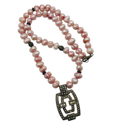 Sale Photo Thumbnail #47: Sterling Dyed Pink Pearl Marcasite Necklace