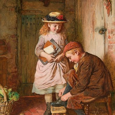 Robert W. Wright "Off to School" Painting 1886