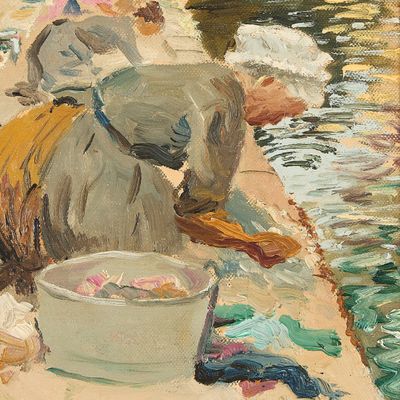 Caleb A. Slade "Washerwoman at Moret" Painting