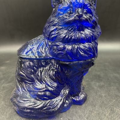 Vintage Cobalt Blue Pressed Glass Cat Candy Dish