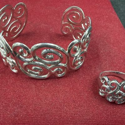 Sterling Ornate Openwork Cuff Bracelet with Ring