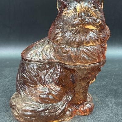Vintage Amber Pressed Glass Cat Candy Dish