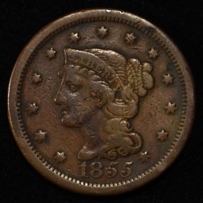 1855 SLANTED 5 LARGE CENT XF