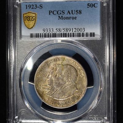 1923-S 50C COMMEM MONROE PCGS AU58